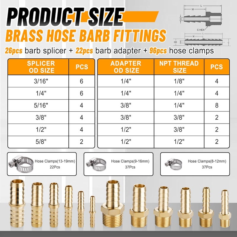 Ailbiuko 48PCS Brass Hose Barb Fittings,Barb Splicer Mender 3/16" 1/4" 5/16" 3/8" 1/2" 5/8" and Male Thread Adapter 3/8" Barbed to 1/4" NPT, 1/4" Barbed to 1/4" NPT Male with 96Pcs Pipe Hose Clamps - Image 2